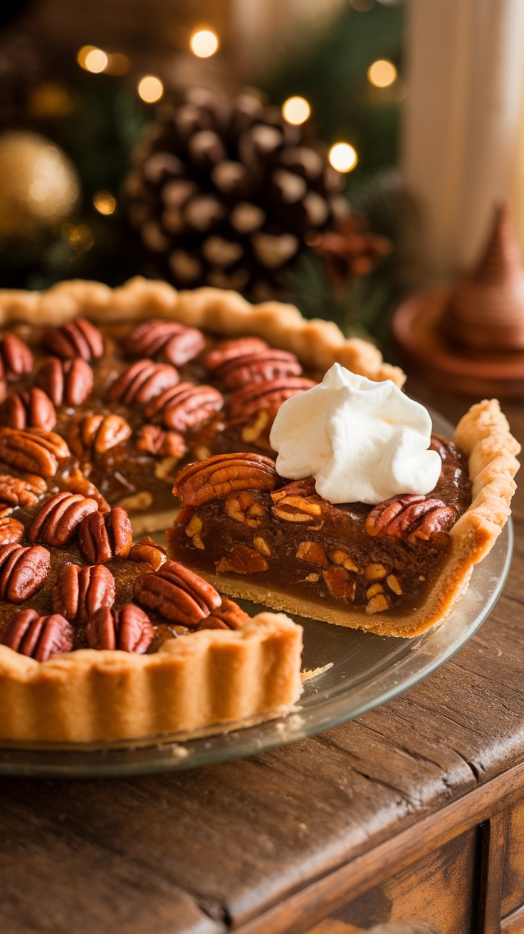 A whole pecan pie with a flaky crust and glossy pecan filling on a wooden table, decorated for the holidays.